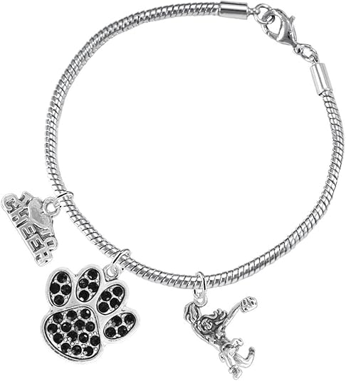 Black Paw Crystal Cheer 3 Charm Bracelet Safe-Hypoallergenic, Nickel, Lead and Cadmium Free