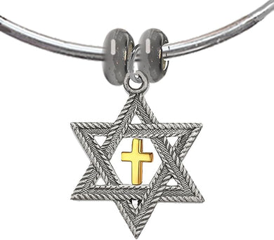 Messianic, Christian, Jewish, Antique Silver Star Of David, Gold Cross, Adjustable 6 To 8.5 Inch Flexible Wire Bracelet, Removeable Ends That Lets You Add Charms Without Tools, Hypoallergenic, No Nickel, Lead, Cadmium In Metal