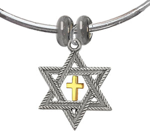 Messianic, Christian, Jewish, Antique Silver Star Of David, Gold Cross, Adjustable 6 To 8.5 Inch Flexible Wire Bracelet, Removeable Ends That Lets You Add Charms Without Tools, Hypoallergenic, No Nickel, Lead, Cadmium In Metal