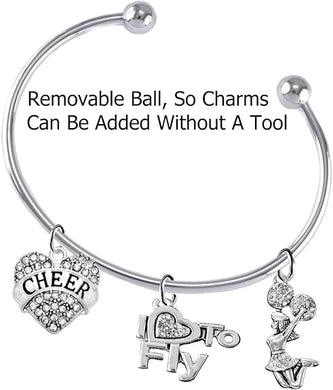 Cheer Crystal Heart, Crystal I Love To Fly, Jumping Cheerleader, Hypoallergenic, Adjustable, Add-A-Charm Yourself, Removable Ball, Silvertone Charm Bracelet, Nickel, Lead, And Cadmium Free