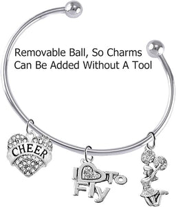 Cheer Crystal Heart, Crystal I Love To Fly, Jumping Cheerleader, Hypoallergenic, Adjustable, Add-A-Charm Yourself, Removable Ball, Silvertone Charm Bracelet, Nickel, Lead, And Cadmium Free
