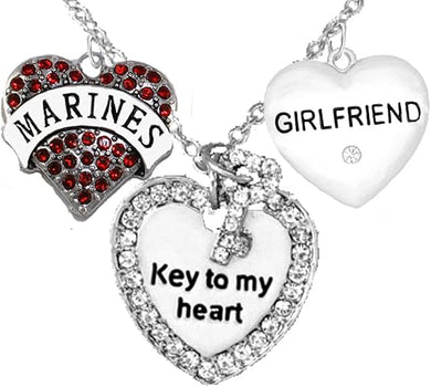 Marine Girlfriend, Key to My Heart, Crystal Girlfriend Heart Charm Necklace, Hypoallergenic, Safe-Nickel, Lead, Free