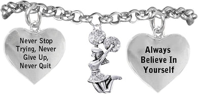 Cheerleader Crystal Bracelet, Never Stop Trying, Never Give Up, Safe-Hypoallergenic, Nickel Free