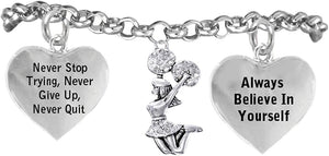 Cheerleader Crystal Bracelet, Never Stop Trying, Never Give Up, Safe-Hypoallergenic, Nickel Free
