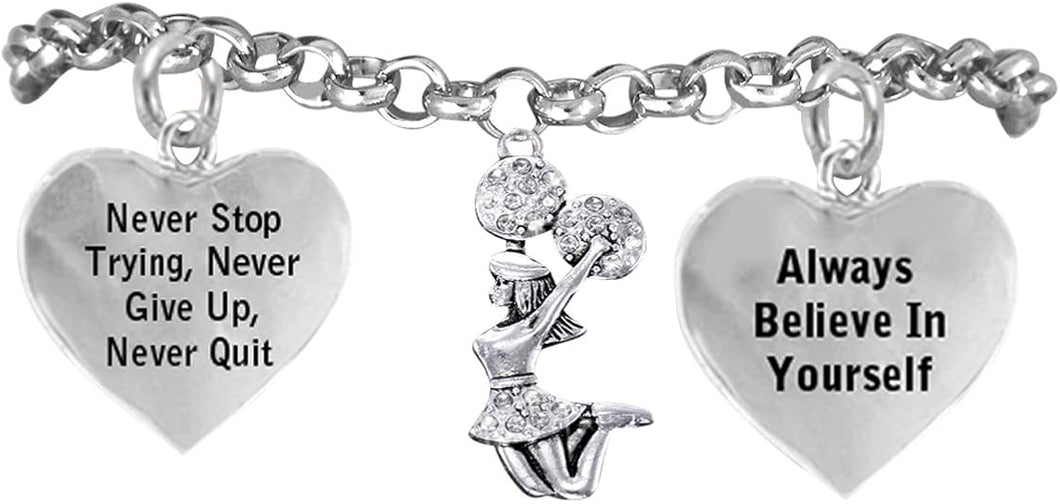 Cheerleader Crystal Bracelet, Never Stop Trying, Never Give Up, Safe-Hypoallergenic, Nickel Free