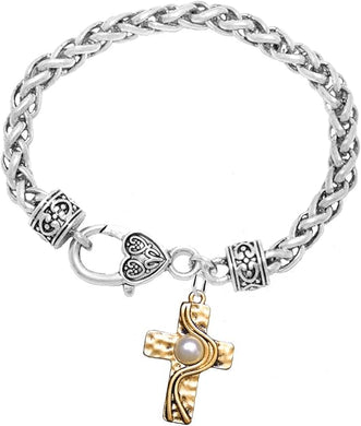 Christian Cross, Two Tone Matt Gold/Silver, Faux Pearl, Hypoallergenic, Safe-Nickel, Lead, and Cadmium Free