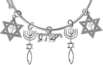 Messianic Christian Antique Silver Star Of David With Polished Cross, Seal Of Jerusalem, Yeshua In Hebrew (Named By An Angel From God) Adjustable Will Fit Everyone Miracle Wire Bracelet,Hypoallergenic