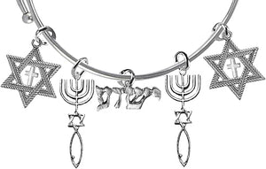 Messianic Christian Antique Silver Star Of David With Polished Cross, Seal Of Jerusalem, Yeshua In Hebrew (Named By An Angel From God) Adjustable Will Fit Everyone Miracle Wire Bracelet,Hypoallergenic