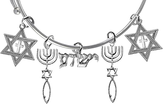 Messianic Christian Antique Silver Star Of David With Polished Cross, Seal Of Jerusalem, Yeshua In Hebrew (Named By An Angel From God) Adjustable Will Fit Everyone Miracle Wire Bracelet,Hypoallergenic