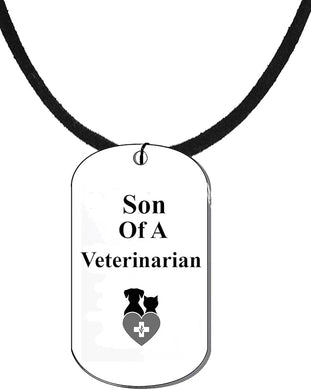 Son Of A Veternarian, Dog Tag On A Genuine Black Suede Necklace. 18-21 Inches. What A Great Gift For Yourself, Or Somebody Special. As A Gift No Worry About What Size They Wear. It Is Adjustable.