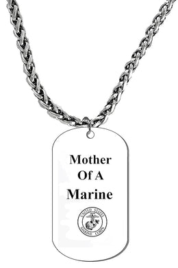 Mother Of A Marine, Dog Tag On A Antique Silvertone Wheat Chain Necklace. 18 Inches. What A Great Gift For Yourself, Or Somebody Special. Beautiful Premium Quality, Silvertone Finish