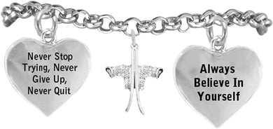 Snow Skis Never Give Up, Never Stop Trying Hypoallergenic Adjustable Bracelet, Safe-Nickel, Lead Free