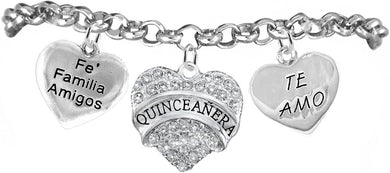 Quinceanera, Fe, Famila, Amigos, Te Amo, Adjustable Rolo Chain Hypoallergenic Bracelet, Safe-Nickel, Lead & Cadmium Free!