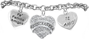 Quinceanera, Fe, Famila, Amigos, Te Amo, Adjustable Rolo Chain Hypoallergenic Bracelet, Safe-Nickel, Lead & Cadmium Free!