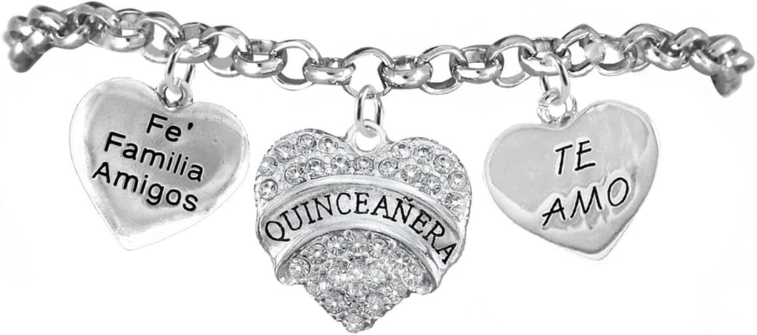Quinceanera, Fe, Famila, Amigos, Te Amo, Adjustable Rolo Chain Hypoallergenic Bracelet, Safe-Nickel, Lead & Cadmium Free!