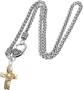 Christian Cross, Two Tone Matt Gold and Silver, Faux Pearl Necklace Hypoallergenic, Safe-Nickel, Lead, and Cadmium Free
