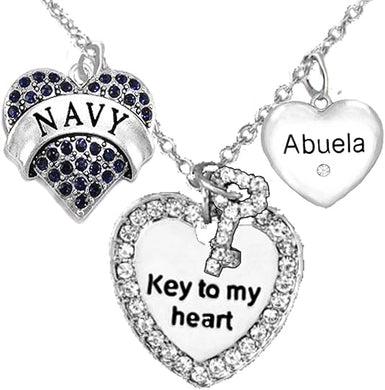Navy Abuela, Key to My Heart, Crystal Abuela Heart Charm Necklace, Hypoallergenic, Safe-Nickel, Lead, Free