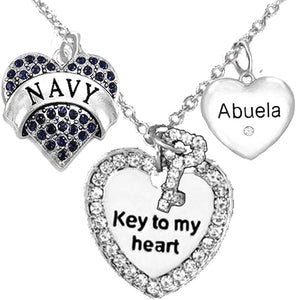 Navy Abuela, Key to My Heart, Crystal Abuela Heart Charm Necklace, Hypoallergenic, Safe-Nickel, Lead, Free