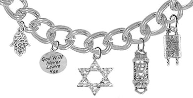 Jewish Charm Bracelet, Crystal Star Of David, Hamsa, Torah, Mezuzah, God Will Never Leave You, Hypoallergenic, Safe-Nickel, Lead, And Cadmium Free-It Is What You Do Not See That Matters™