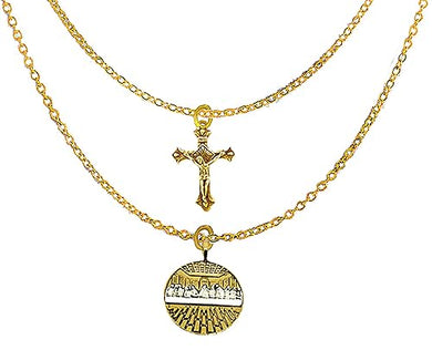 Catholic, Christian, 14KT Gold Crucifix And 14KT Goldtone And Silvertone Finish Last Supper, On A Beautiful Adjustable 14KT Gold Tone Double Cable Chain Necklace.What A Great Gift For Yourself