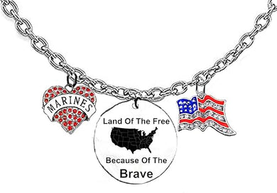 Marine, Red Austrian Crystal Heart, Land Of The Free, Because Of The Brave, Genuine Austrian Crystal American Flag, On A Adjustable Silvertone Cable Chain Necklace, What A Wonderful Gift For Yourself