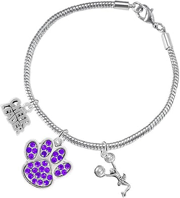 Purple Paw Crystal Cheer 3 Charm Bracelet Safe-Hypoallergenic, Nickel, Lead and Cadmium Free