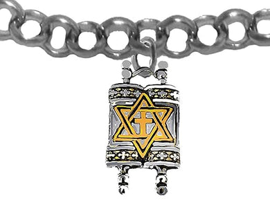 Messianic, Yeshua, Holy, Holy, Holy, Antique Silvertone Torah (Bible) With A 14KT Goldtone Star of David And Cross On A Adjustable Rollo Chain Bracelet. It Will Fit Everyone. ©2024