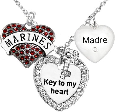 Marine Madre, Key to My Heart, Crystal Madre Heart Charm Necklace, Hypoallergenic, Safe-Nickel, Lead, Free