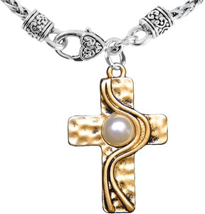Christian Cross, Two Tone Matt Gold and Silver, Faux Pearl Necklace Hypoallergenic, Safe-Nickel, Lead, and Cadmium Free