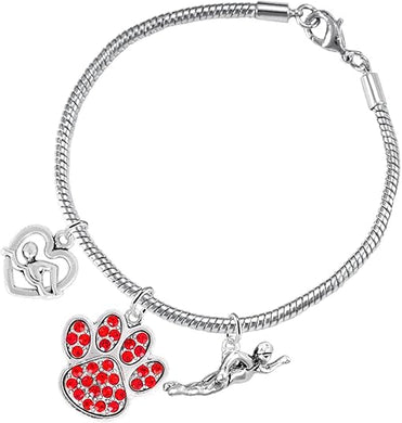 Swimming 3 Charm Red Crystal Paw Bracelet Hypoallergenic, Safe-Nickel, Lead & Cadmium Free!