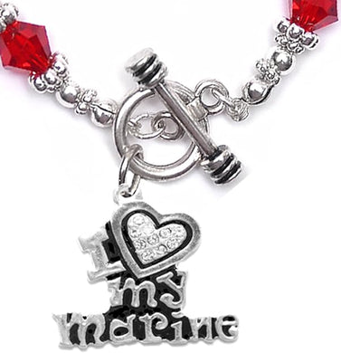 Marine I Love My Marine, Crystal Heart, Bracelet, Hypoallergenic, Safe-Nickel, Lead, Free