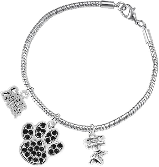 Black Paw Crystal Cheer 3 Charm Bracelet Safe-Hypoallergenic, Nickel, Lead and Cadmium Free