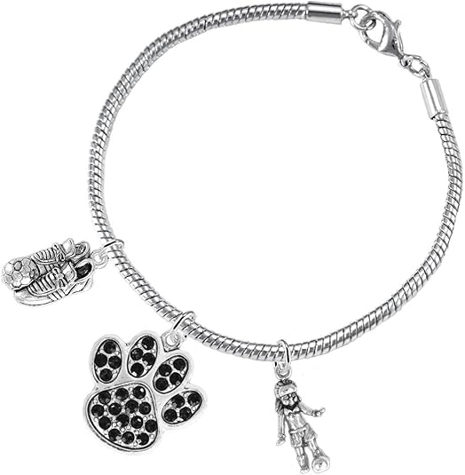 The, Soccer Jewelry Black Crystal Paw Hypoallergenic Adjustable, Safe-Nickel, Lead Free
