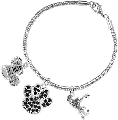 Black Paw Crystal Cheer 3 Charm Bracelet Safe-Hypoallergenic, Nickel, Lead and Cadmium Free