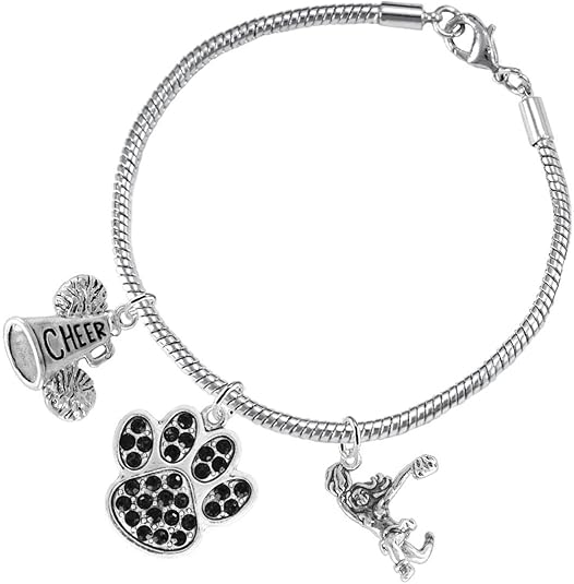Black Paw Crystal Cheer 3 Charm Bracelet Safe-Hypoallergenic, Nickel, Lead and Cadmium Free