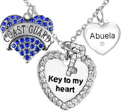 Coast Guard Abuela, Key to My Heart, Crystal Abuela Heart Charm Necklace, Adjustable, Hypoallergenic, Safe- Nickel, Lead, and Cadmium Free