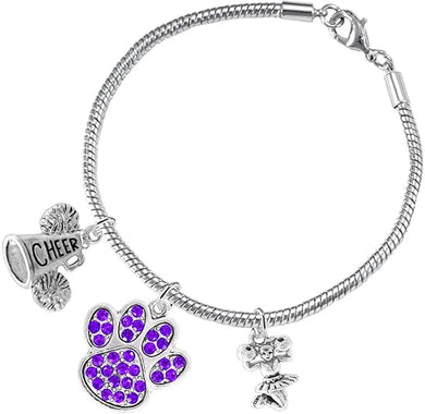 Purple Paw Crystal Cheer 3 Charm Bracelet Safe-Hypoallergenic, Nickel, Lead and Cadmium Free