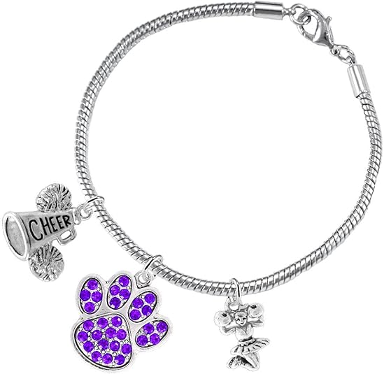 Purple Paw Crystal Cheer 3 Charm Bracelet Safe-Hypoallergenic, Nickel, Lead and Cadmium Free