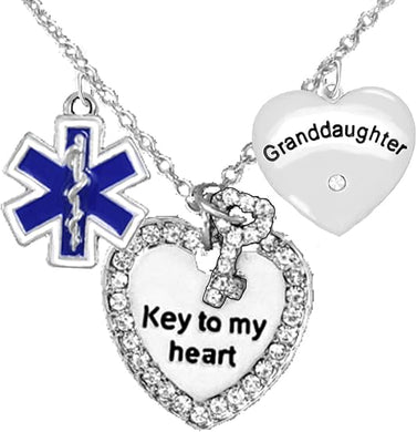 EMT, Granddaughter Adjustable Key to My Heart Necklace, Hypoallergenic, Safe-Nickel, Lead, Cadmium Free