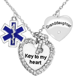 EMT, Granddaughter Adjustable Key to My Heart Necklace, Hypoallergenic, Safe-Nickel, Lead, Cadmium Free