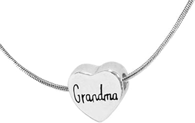 Grandma Heart, European Designed Charm With Adjustable Snake Chain Necklace, Sterling Silver Finish With Overcoat Protection™, Nickel, Lead, Cadmium Free
