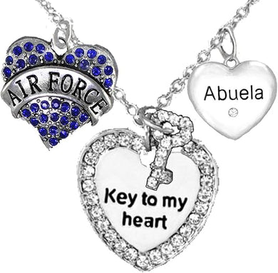 Air Force, Key to My Heart, Crystal Abuela, Heart Necklace, Hypoallergenic, Safe-Nickel, Lead Free