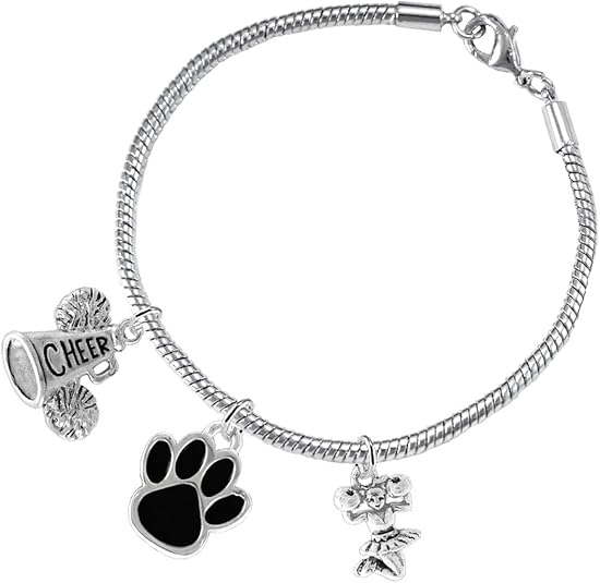 Black Paw Cheer 3 Charm Bracelet Safe-Hypoallergenic, Nickel, Lead and Cadmium Free