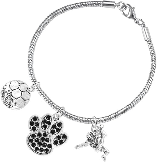 The, Soccer Jewelry Black Crystal Paw Hypoallergenic Adjustable, Safe-Nickel, Lead Free