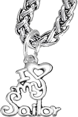 Navy, I Love My Sailor, Wheat Chain Necklace Hypoallergenic, Safe-Nickel, Lead, Cadmium Free