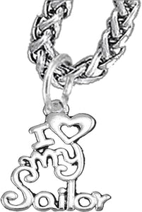 Navy, I Love My Sailor, Wheat Chain Necklace Hypoallergenic, Safe-Nickel, Lead, Cadmium Free