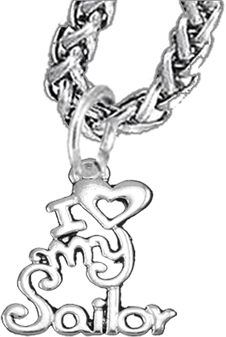 Navy, I Love My Sailor, Wheat Chain Necklace Hypoallergenic, Safe-Nickel, Lead, Cadmium Free