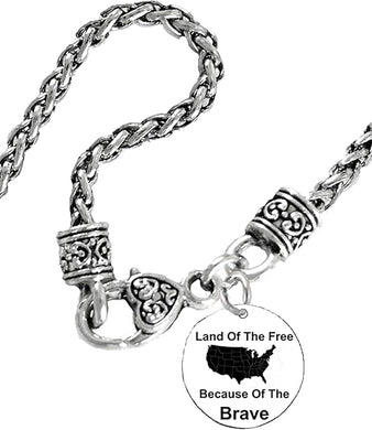 Land Of The Free, Because Of The Brave On A Antique Wheat Chain Woven Necklace, What A Wonderful Gift For Yourself Or Someone Special. Hyperallergenic-Safe, No Nickel, Lead, Or Cadmium In The Metal,©2024