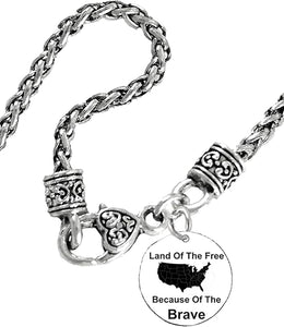 Land Of The Free, Because Of The Brave On A Antique Wheat Chain Woven Necklace, What A Wonderful Gift For Yourself Or Someone Special. Hyperallergenic-Safe, No Nickel, Lead, Or Cadmium In The Metal,©2024