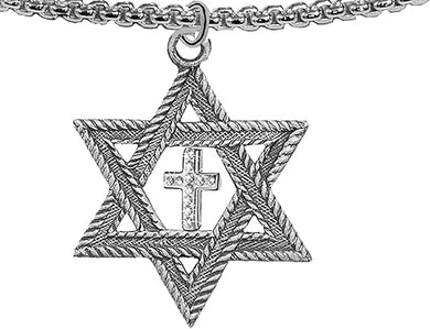 Messianic Christian Antique Silver Star Of David With Silver Austrian Crystal Cross, On A Box Chain Necklace, Hypoallergenic-Safe, No Nickel, Lead, Or Cadmium In The Metal ©2023, Large, Silver, Carnelian
